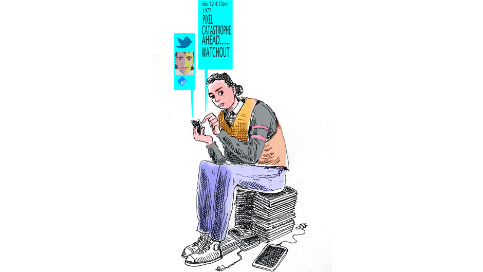 Rocco Fazzari's sketch of his 13-year-old self, tweeting a warning of the demise of cartoonists to his future self.