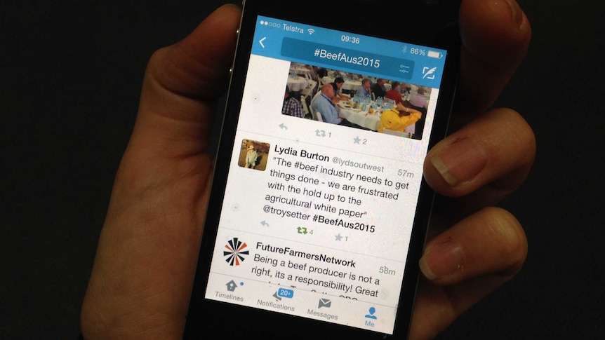 A smartphone displays the tweets with the hashtag BeefAus2015 .