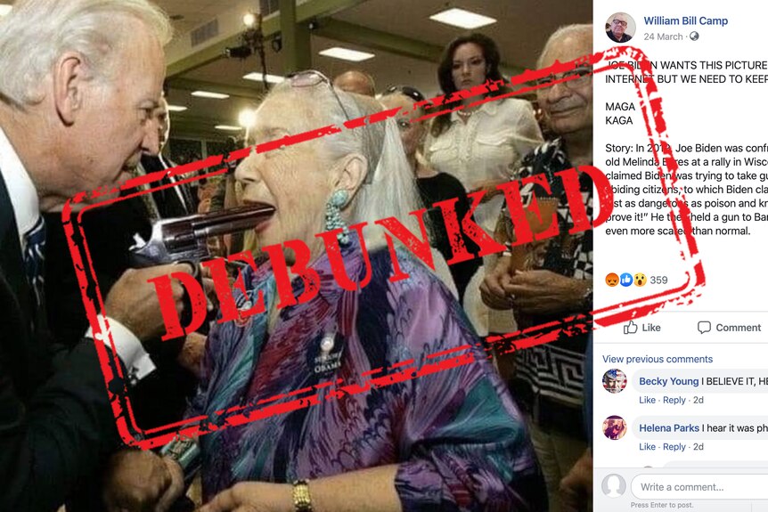 A debunked Facebook post shows a photoshopped image of Joe Biden putting a gun in an elderly woman's mouth, with debunked stamp