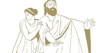 A sketch image of a woman propping up a man with out-stretched arms. Both wear togas.