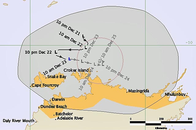 Forecast track map of tropical low off Northern Territory coast at 10:59am on December 23, 2011.
