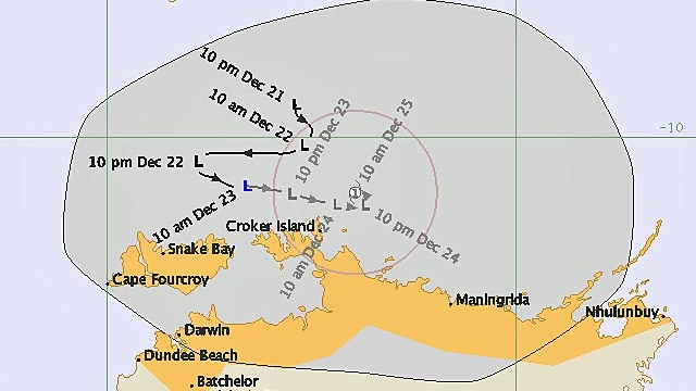 Tropical cyclone forecast track map of tropical low off Northern Territory coast at 10:59am on December 23, 2011.
