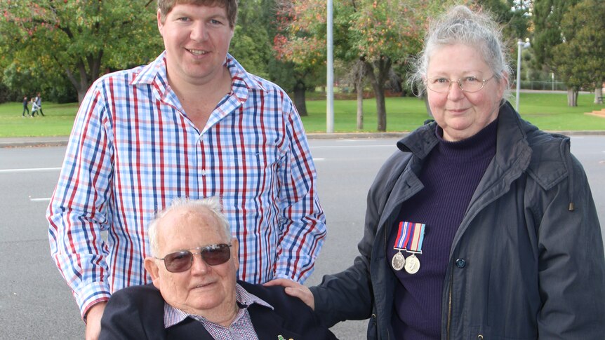 Stan Webster with his daughter and grandson after the Anzac Day march.