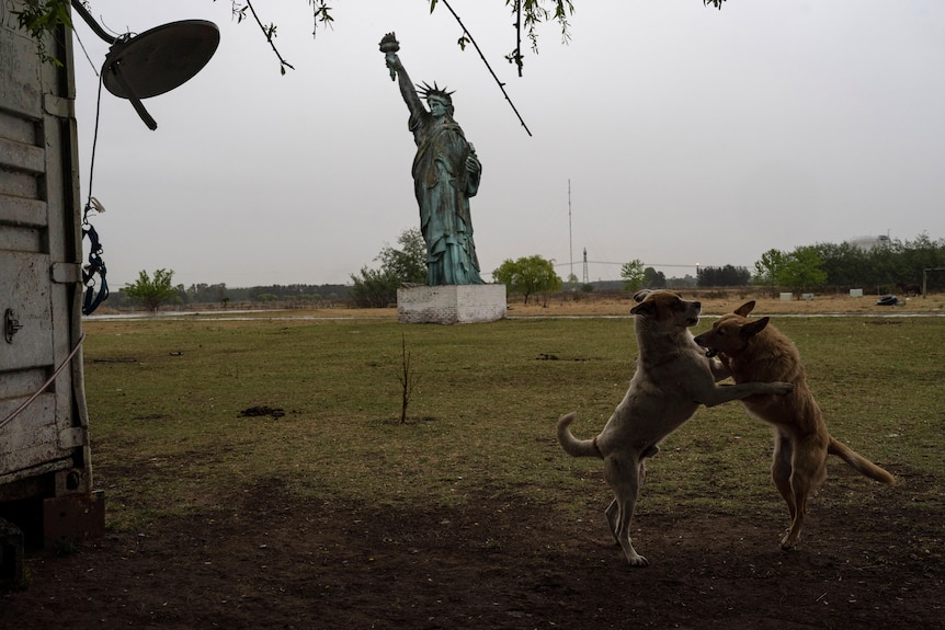 Two dogs play in a park in front of a replica of the Statue of Liberty 