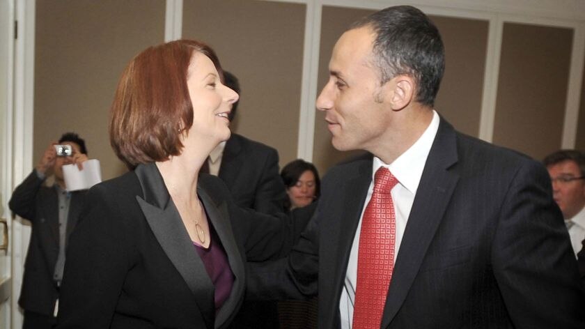 Warm welcome: Prime Minister Julia Gillard greets David Bradbury, the member for the western Sydney seat of Lindsay.