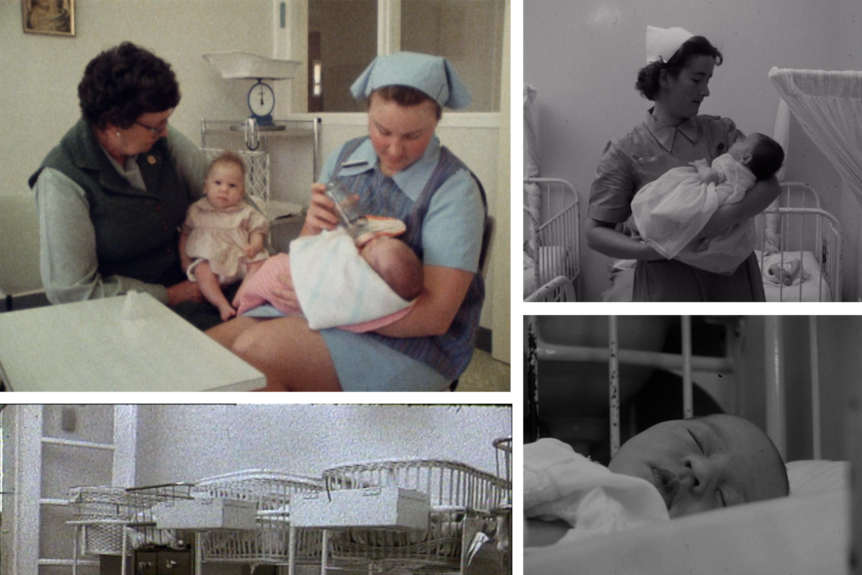 A collage of old photos of nurses looking after newborn babies.