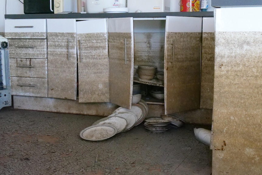 Mud covered plates spill out of cupboards in a kitchen with a water mark almost up to the benchtops. 