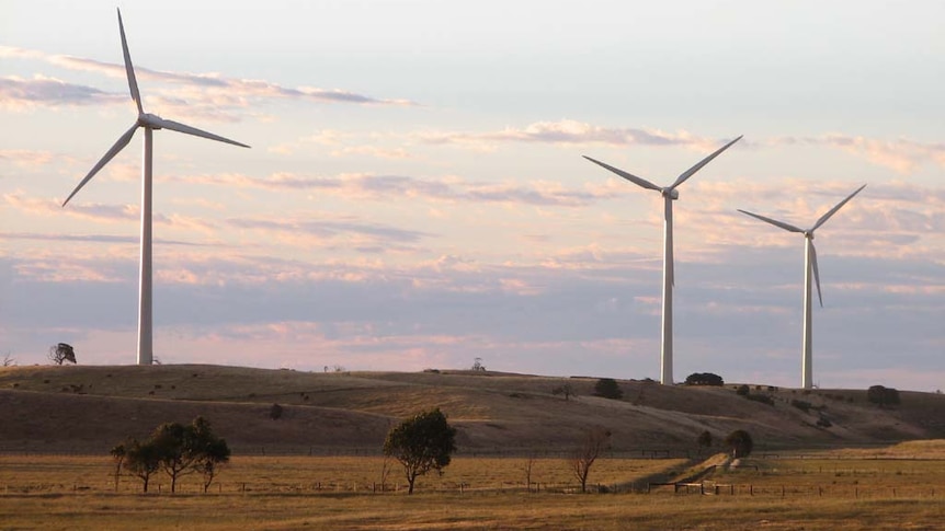 Wind turbines against a pink sky with grass in foreground