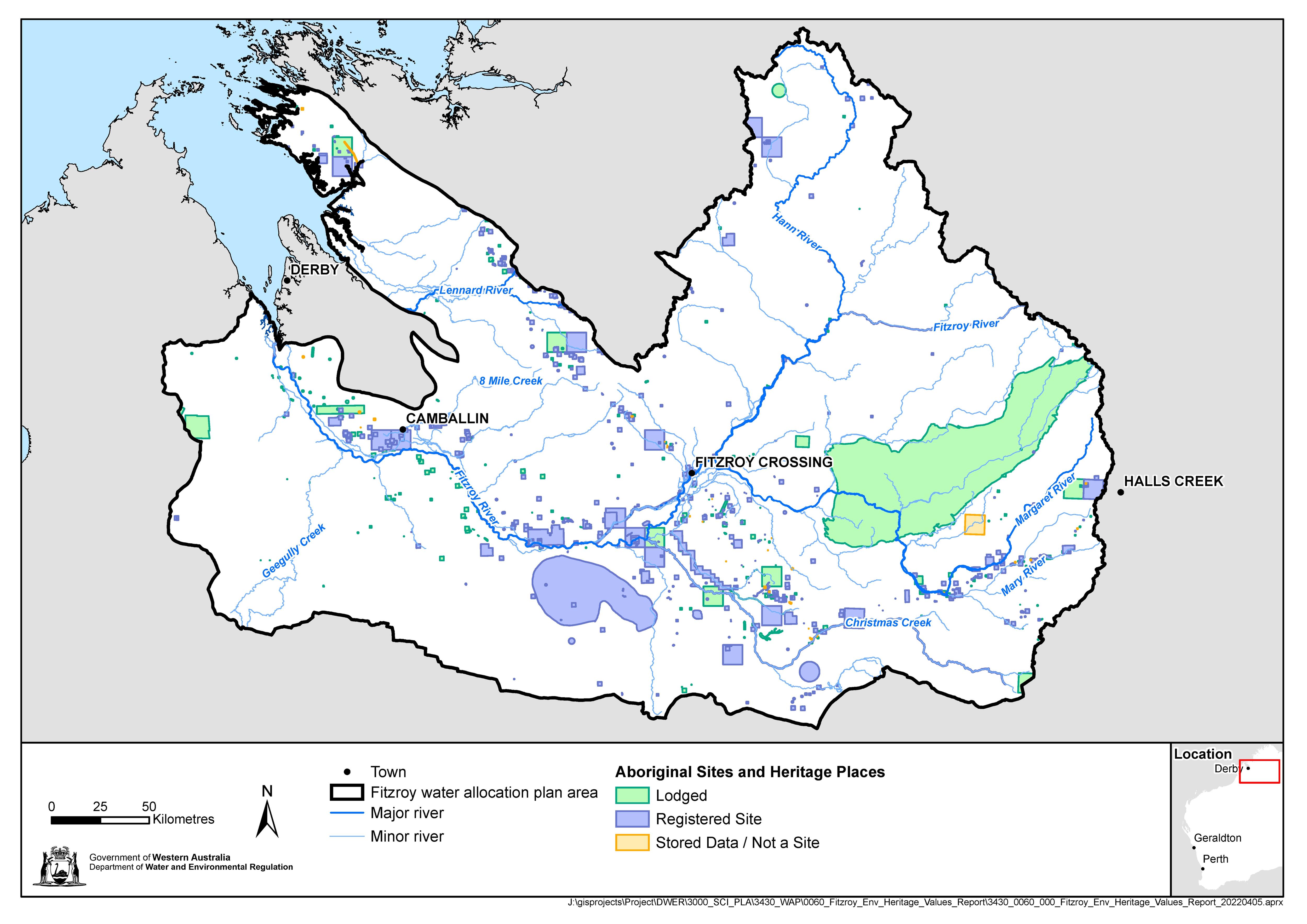 A map featuring grey, white, green and blue, showing the Fitzroy catchment area.