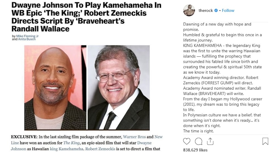 An Instagram post of Dwayne Johnson announcing his new role as King Kamehameha.