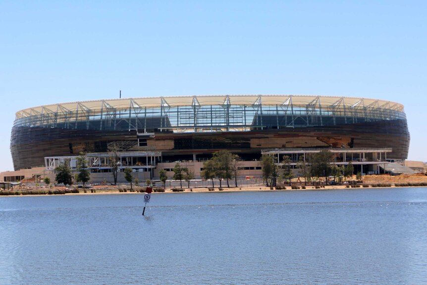 New Perth Stadium at Burswood with the river in the foreground.