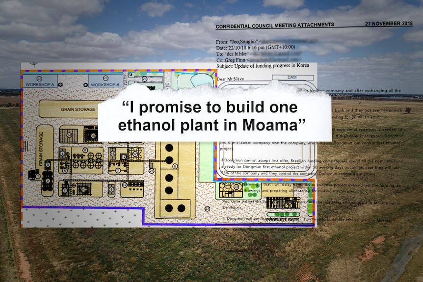 A graphic showing plan drawings and a quote reading "I promise to build one ethanol plant in Moama."