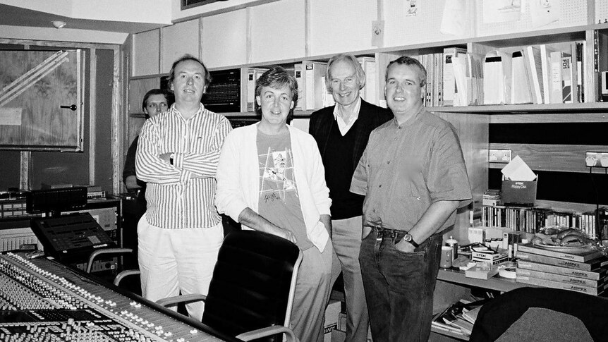 Geoff Emerick, Paul McCartney, George Martin and Richard Lush (left to right) in studio in 1984