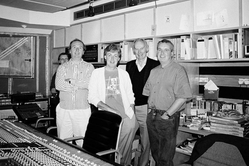 Geoff Emerick, Paul McCartney, George Martin and Richard Lush (left to right) in studio in 1984