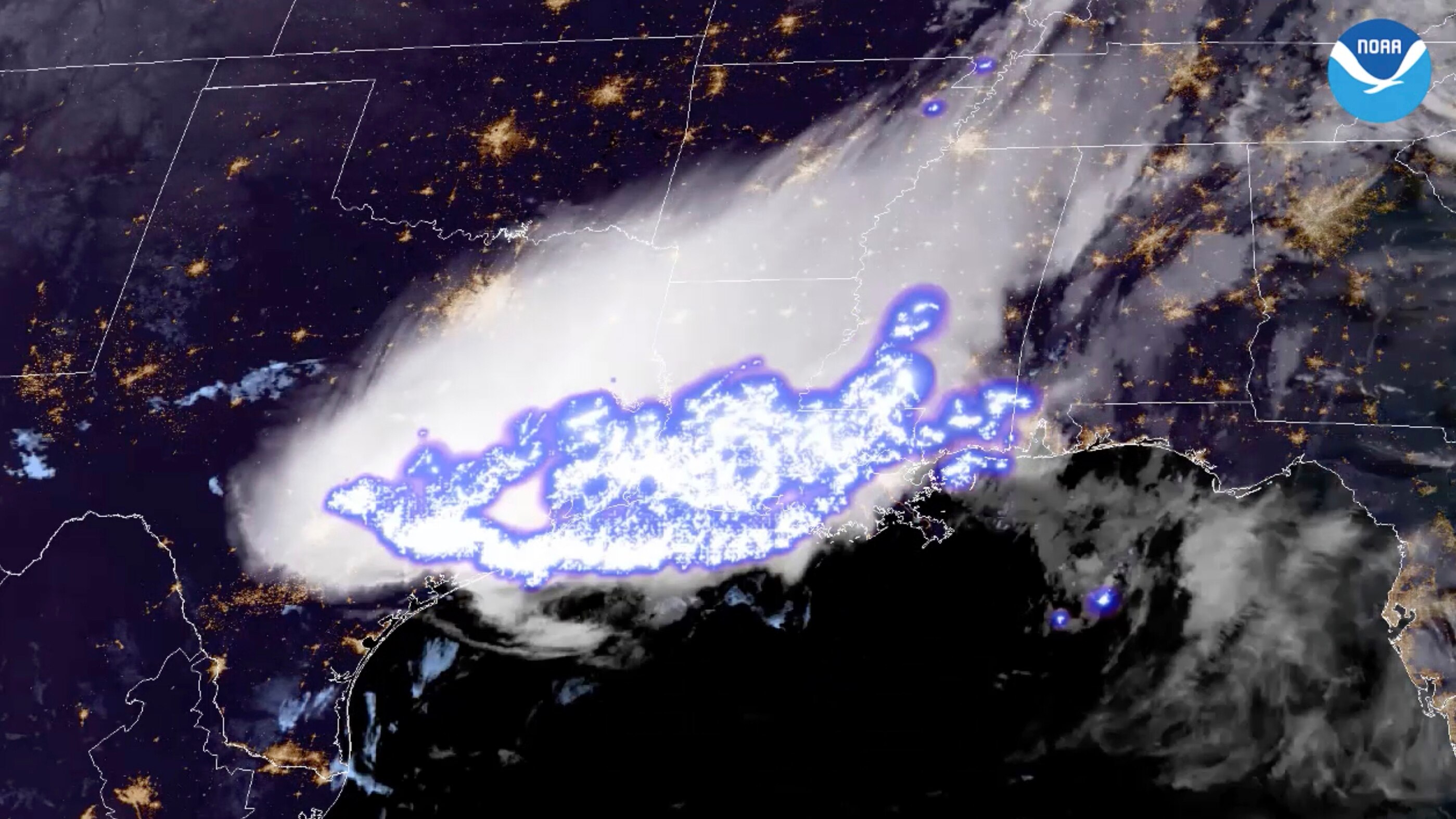 A satellite picture shows blue-and-purple shading over the US, representing the lightning