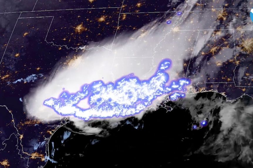 A satellite picture shows blue-and-purple shading over the US, representing the lightening