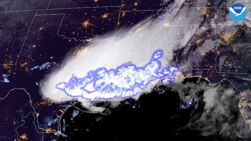 A satellite picture shows blue-and-purple shading over the US, representing the lightning