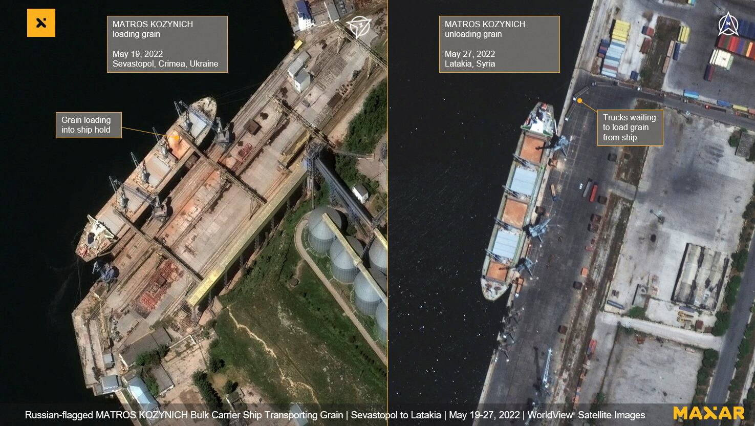 Double barrelled satellite image of a ship docked next to a shoreline at night with buildings nearby