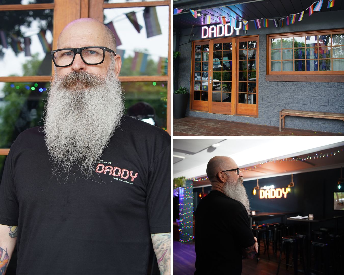 A collage of a man standing inside and outside of the bar he owns.