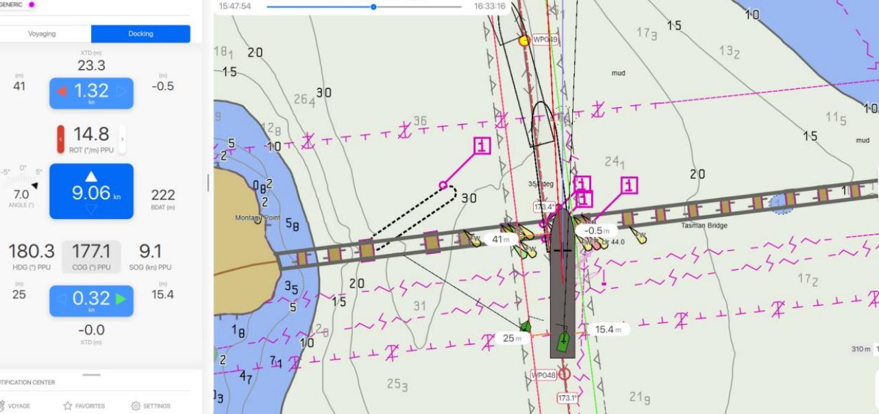 A computer generated technical map of a ship's projected path.