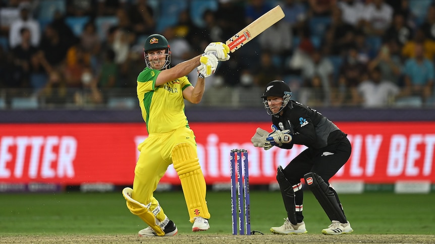 Australian cricketer Mitchell Marsh plays a shot against New Zealand at the men's T20 World Cup 
