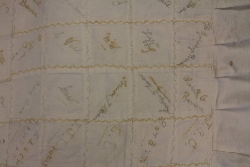 A section of the National Museum's 1894 autograph quilt showing the Bevan names.