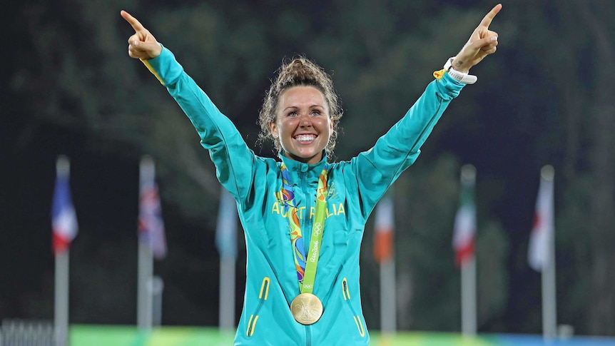Pentathlon gold medallist Chloe Esposito of Australia poses on the podium on August 20, 2016.