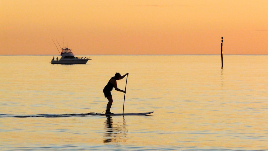 A stand up paddle boarder glides across the water.