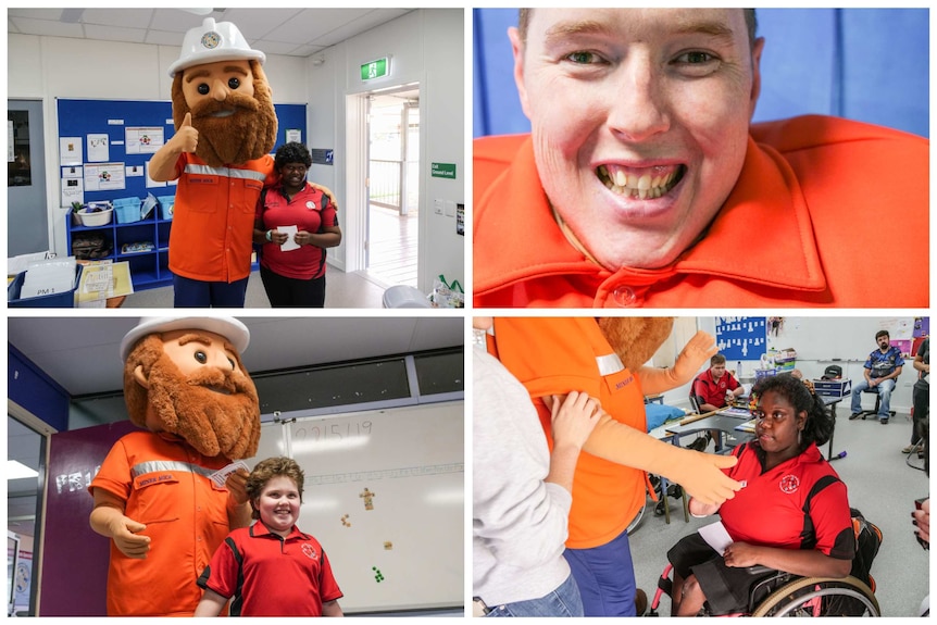 A collage of photos showing Miner Mick mascot handing out awards to students at Mount Isa Special School