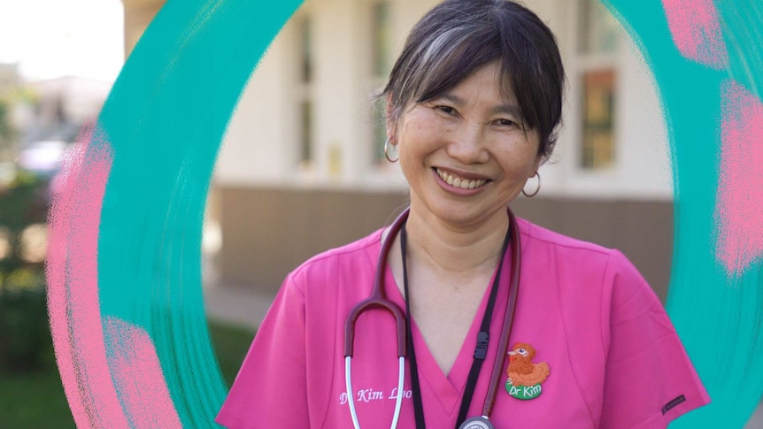 Kim Loo in pink scrubs smiles for the camera in a story about how she saves money and takes care of the environment.