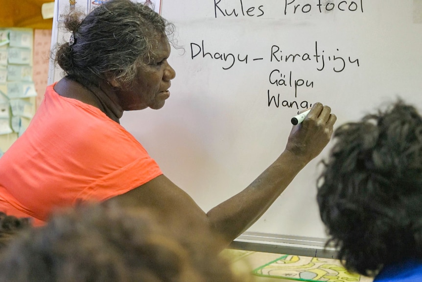 A teacher writes on a whiteboard, teaching students the Indigenous language Yolngu Matha 