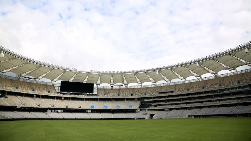 Perth Stadium interior, turf, seats and big screen.