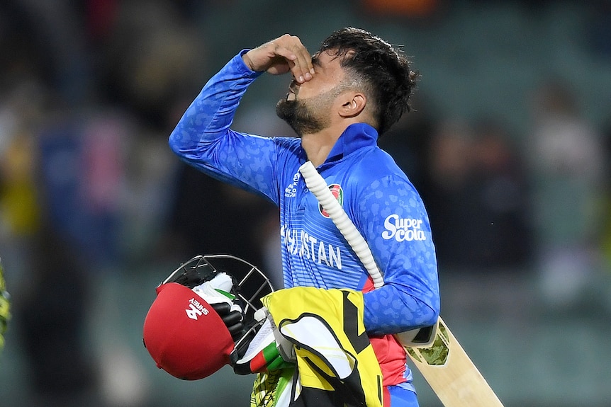 Rashid Khan looks up and pinches his nose