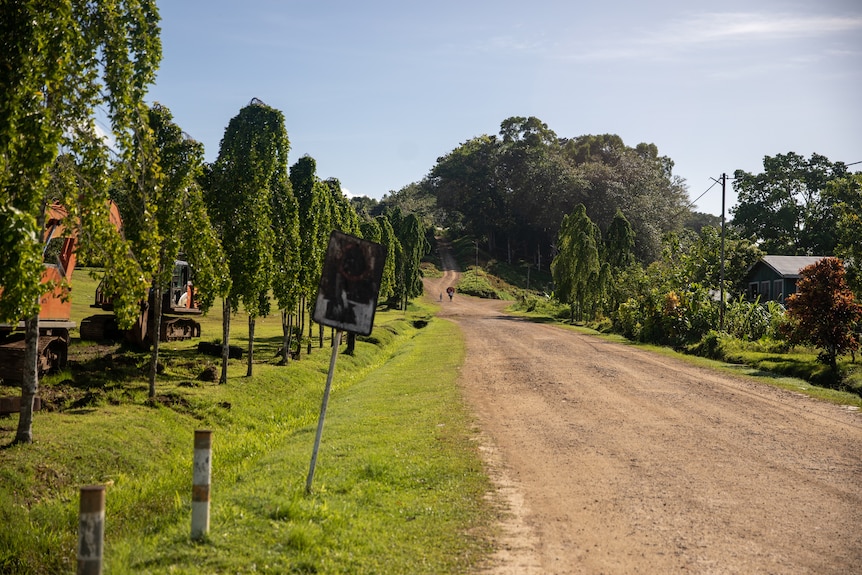 A dirt road leads away, into the distance. It is lined with trees on one side and a few houses on the other.
