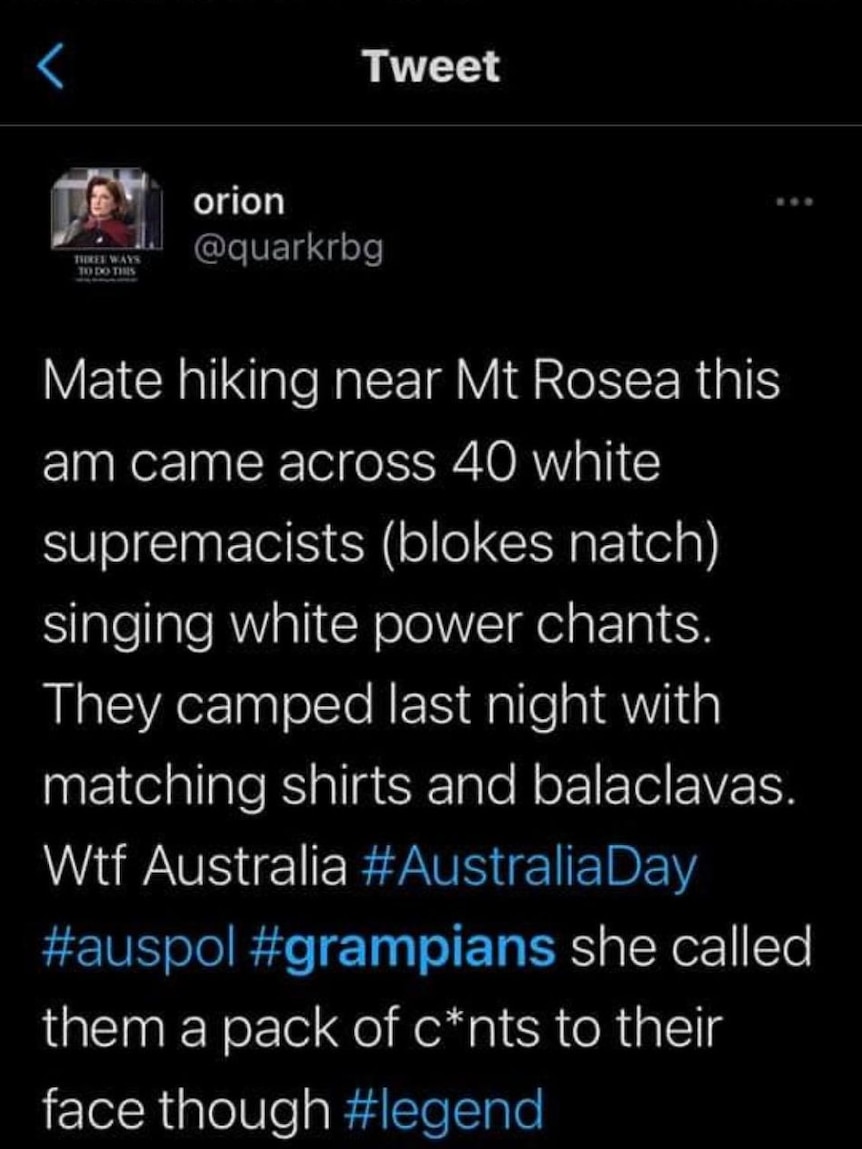 A social media message about someone coming across a group of white supremacists singing racist chants while hiking.