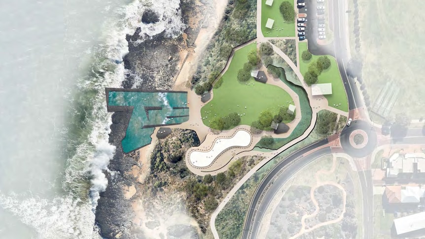 A digital design of an ocean pool concept, birds eye view showing a coastline and where the pool could go.