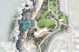 A digital design of an ocean pool concept, birds eye view showing a coastline and where the pool could go.