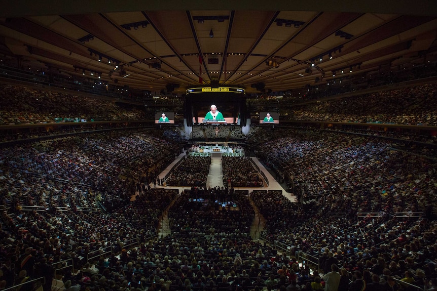 Pope Francis leads Mass attended by thousands of the ticketed faithful at Madison Square Garden in New York.