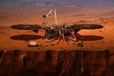 An illustration of NASA's InSight lander drilling into Mars.