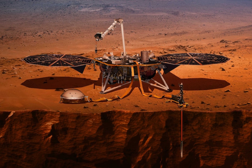 An illustration of NASA's InSight lander drilling into Mars.