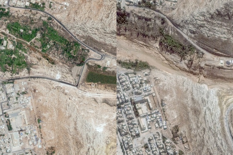 A side-by-side comparison of two satellite images showing the lower Wadi dam before and after flooding