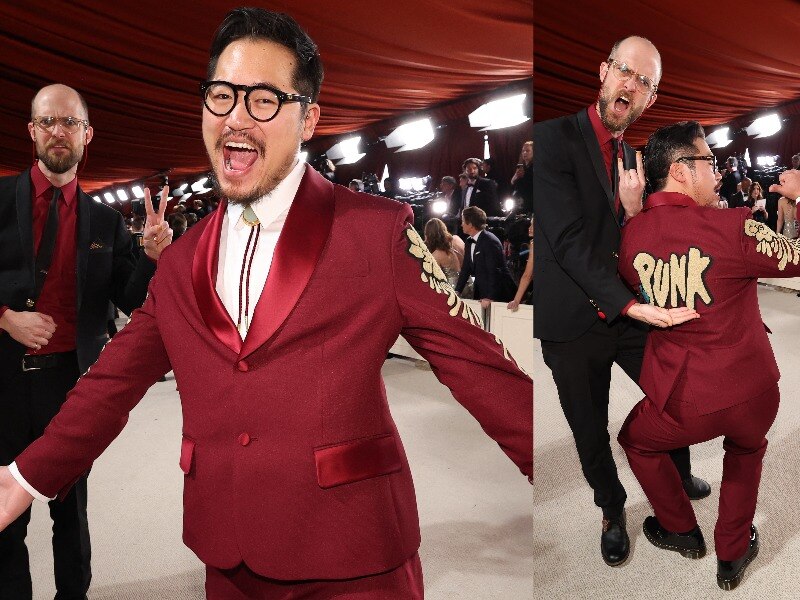 A composite of Daniel Kwan wearing a red suit with "punk" on the back and Daniel Scheinert in a black suit with a red shirt