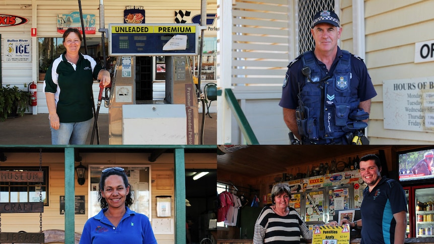 Danielle Weston at her petrol station, Senior Constable Rob Edwards, Trudy Gorringe, Marilyn Simpson, and Ben Cross at the pub.