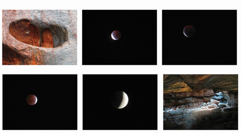 A photography series of a lunar eclipse in various stages, with shots of unusual landscapes in between (rock, cave, glacier)