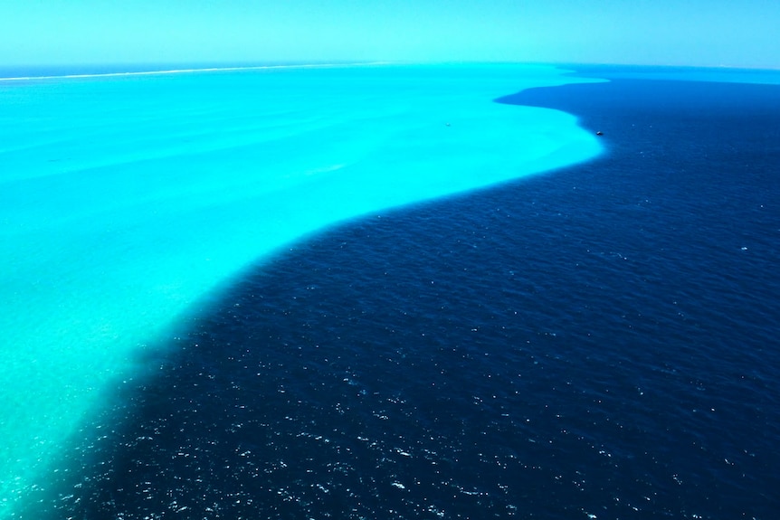 Aerial view of ocean on a sunny bright day with blue , water is bright turquoise blue on left and dark on right.