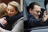 A photo of Amber Heard hugging her attorney Elaine Bredehoft next to a photo of Johnny Depp waving to supporters from a car