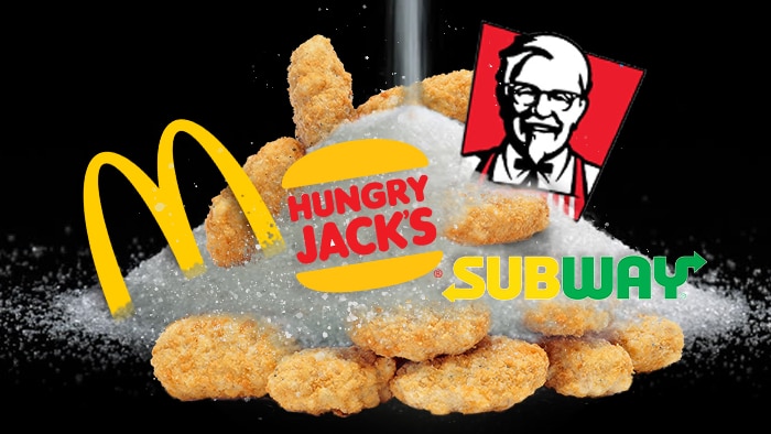 A graphic showing salt with the logos of McDonald, KFC, Subway and Hungry Jack's.