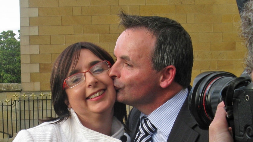 New Labor MP David O'Byrne congratulates his sister and colleague Michelle.