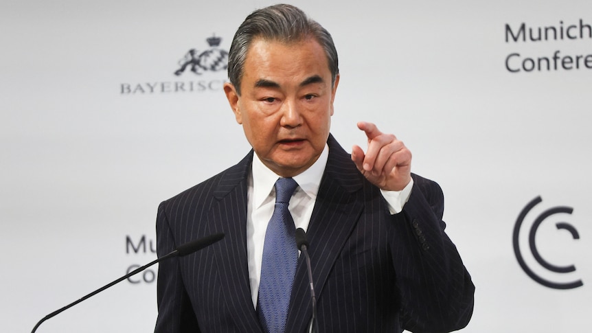 China's Director of the Office of the Central Foreign Affairs Commission Wang Yi speaks during the Munich Security Conference.