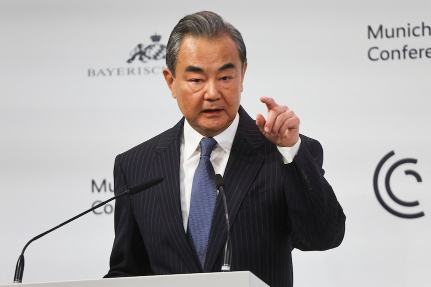 China's Director of the Office of the Central Foreign Affairs Commission Wang Yi speaks during the Munich Security Conference.